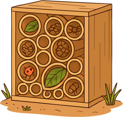 Illustration of a wooden bug hotel with leaves and a ladybird