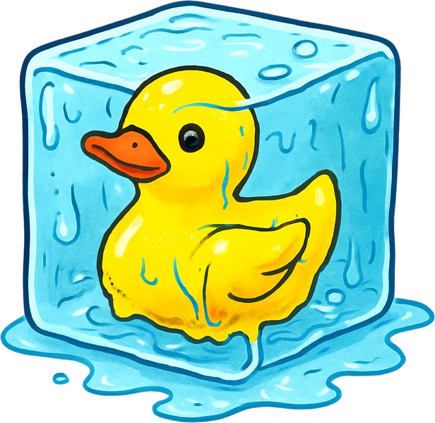 Illustration of a rubber duck frozen inside an ice cube