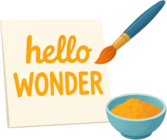 Illustration of a note reading 'hello wonder' with a paintbrush and a bowl of orange paint