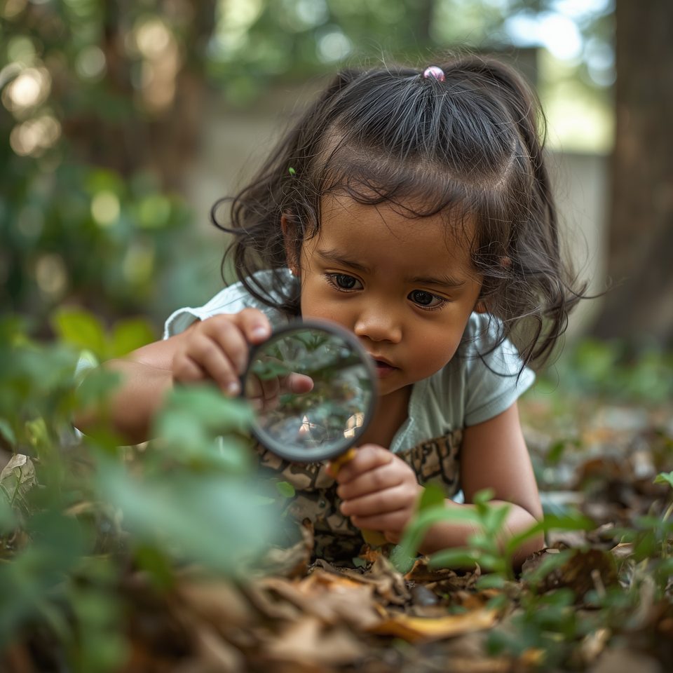 A young girl examining leaves with a magnifying glass in the garden