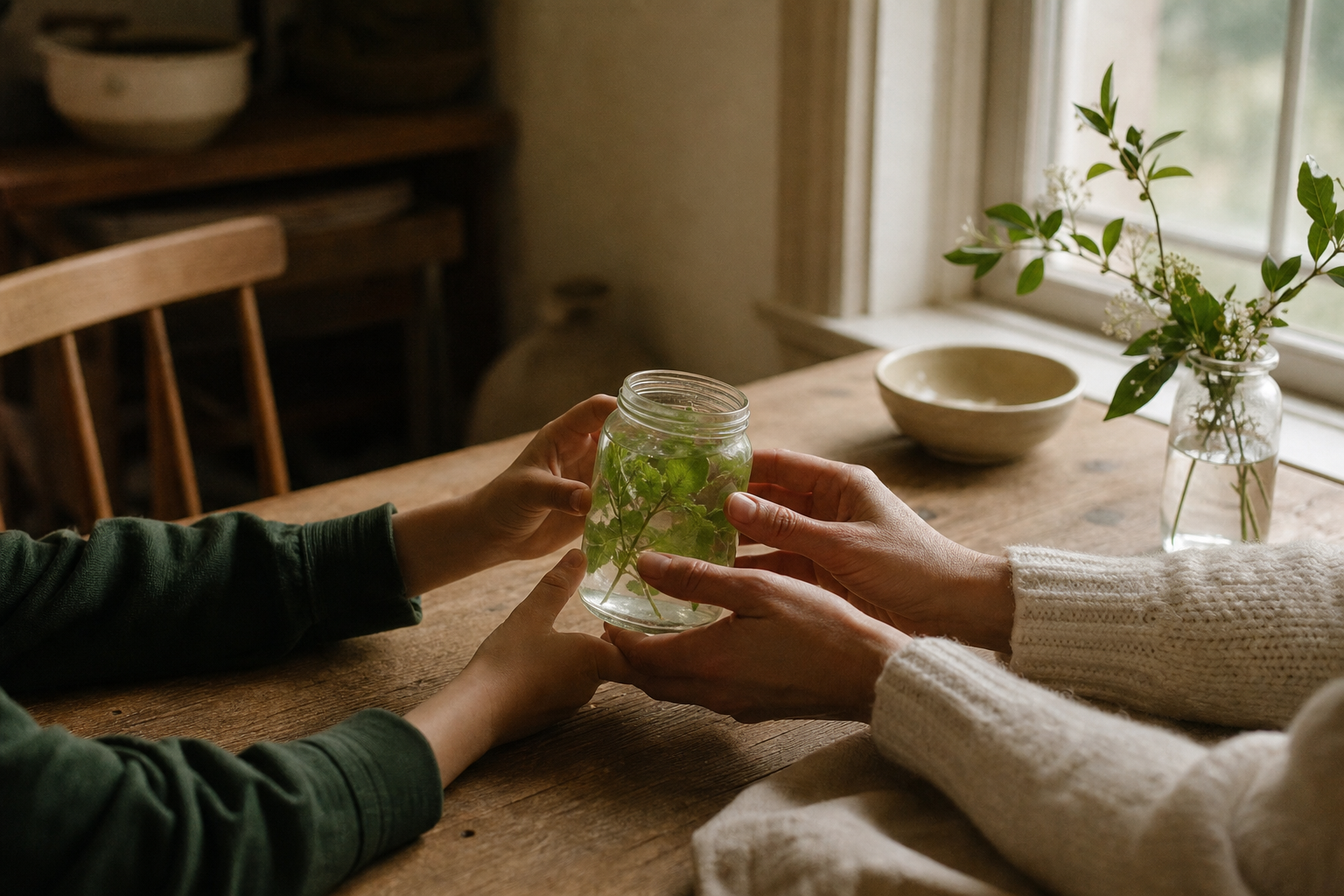 A child's hands and an adult's hands together examining a glass jar of water and leaves at a kitchen table