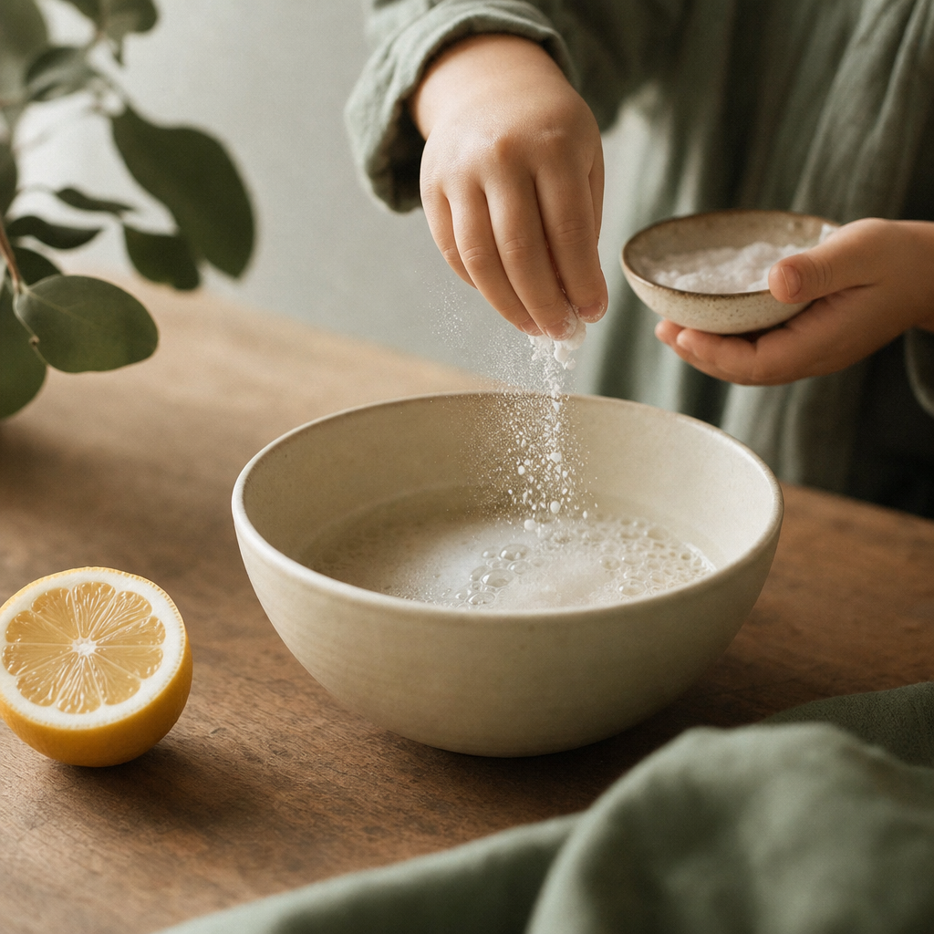A child's hands sprinkling baking soda into a fizzing ceramic bowl beside a halved lemon
