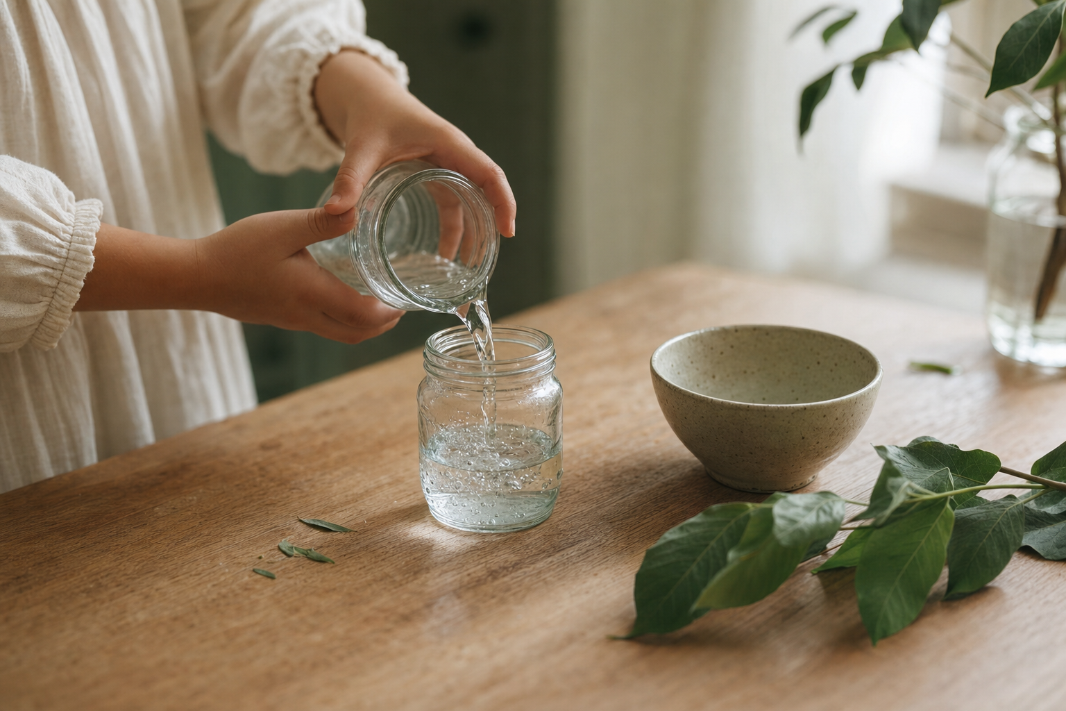 A child's hands pouring water between glass jars on a wooden kitchen table in soft morning light