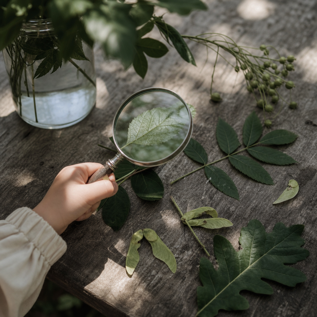 A child's hand holding a magnifying glass over leaves and seed pods on a garden table