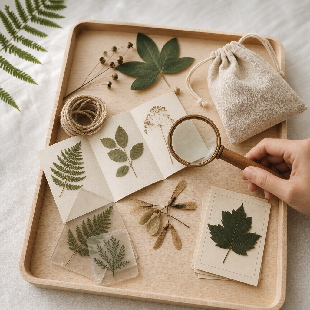 Flatlay of the Wild Wonders pack: leaves, seed pods, wooden magnifier and activity cards on a wooden tray