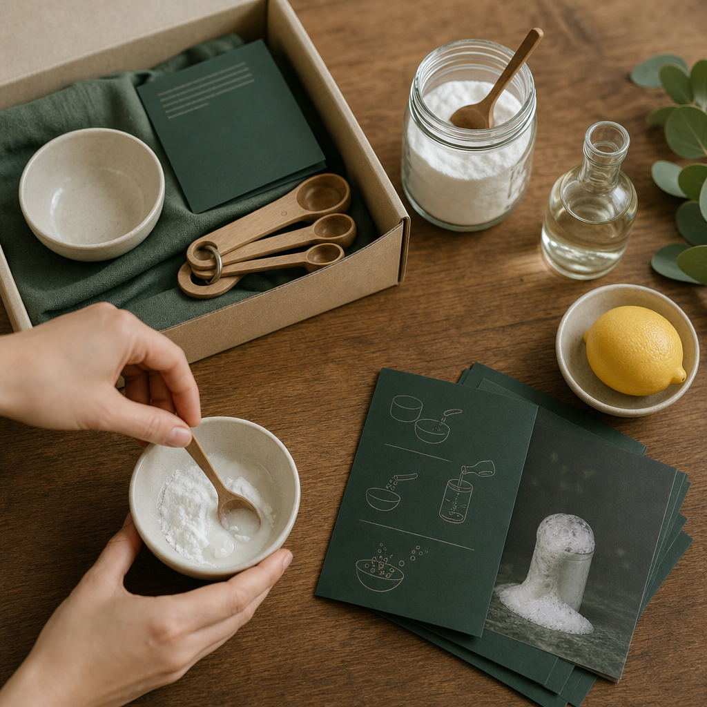 Flatlay of the Magic and Mixtures pack: ceramic bowls, wooden spoons, baking soda, lemon and activity cards