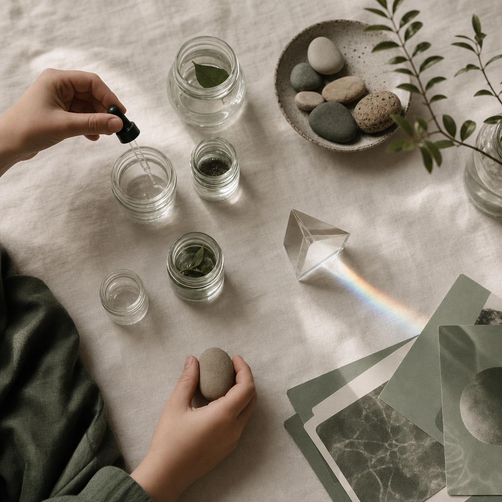 Flatlay of the Drip, Drop and Discover pack: glass jars, dropper, prism and activity cards on cream linen